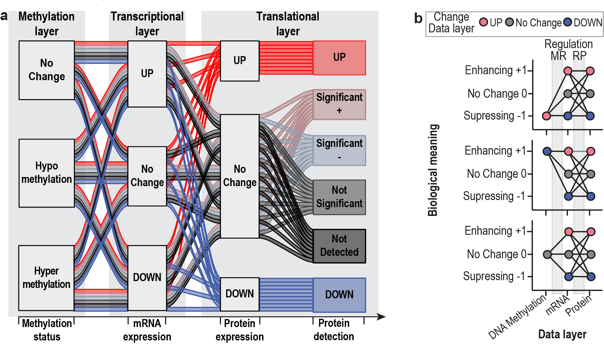 Fig. 1: Overview of SiRCle Regulatory Clustering. a) Alluvial plot showing the ordered series of three 3-state-3-state-6-state transitions between the data layers, a total of 54 possible “flows”. b) Biological meaning the flows between the data layers will conveye.